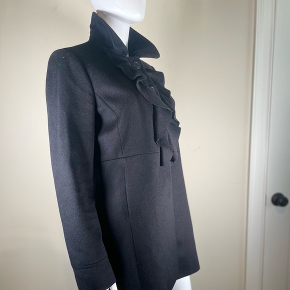 J. Crew Black 100% Wool Ruffle Button Front Winter Coat Sz 8 Jacket Peacoat boho - Picture 10 of 16